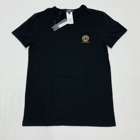 Versace T-Shirt Men's 4/ M Black Cotton Stretch Medusa Logo V-Neck NWT - Picture 7 of 14